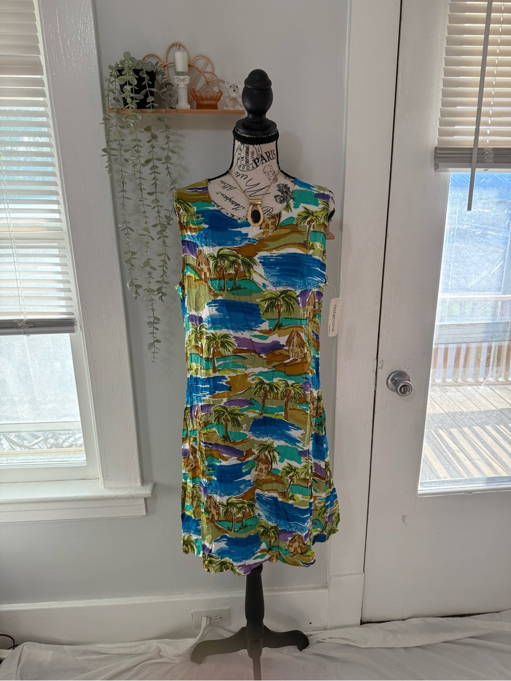 Notations Tropical Palm Midi Dress in Blue & Green